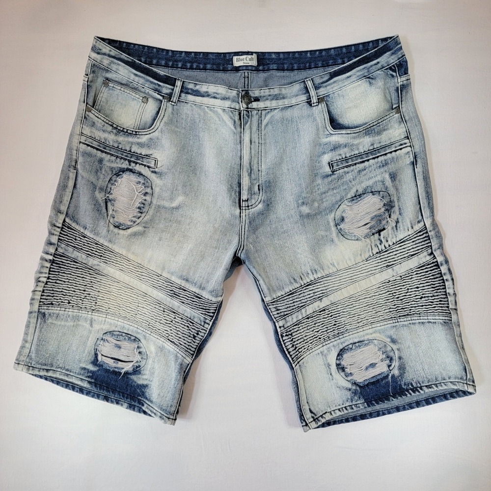 Blue Cult Denim Mens Moto Biker Shorts Light Wash Distressed Size 50 Streetwear